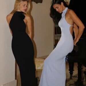 NWT WISKII HIGH NECK OPEN BACK FLORAL Maxi Ribbed DRESS Black Size Large